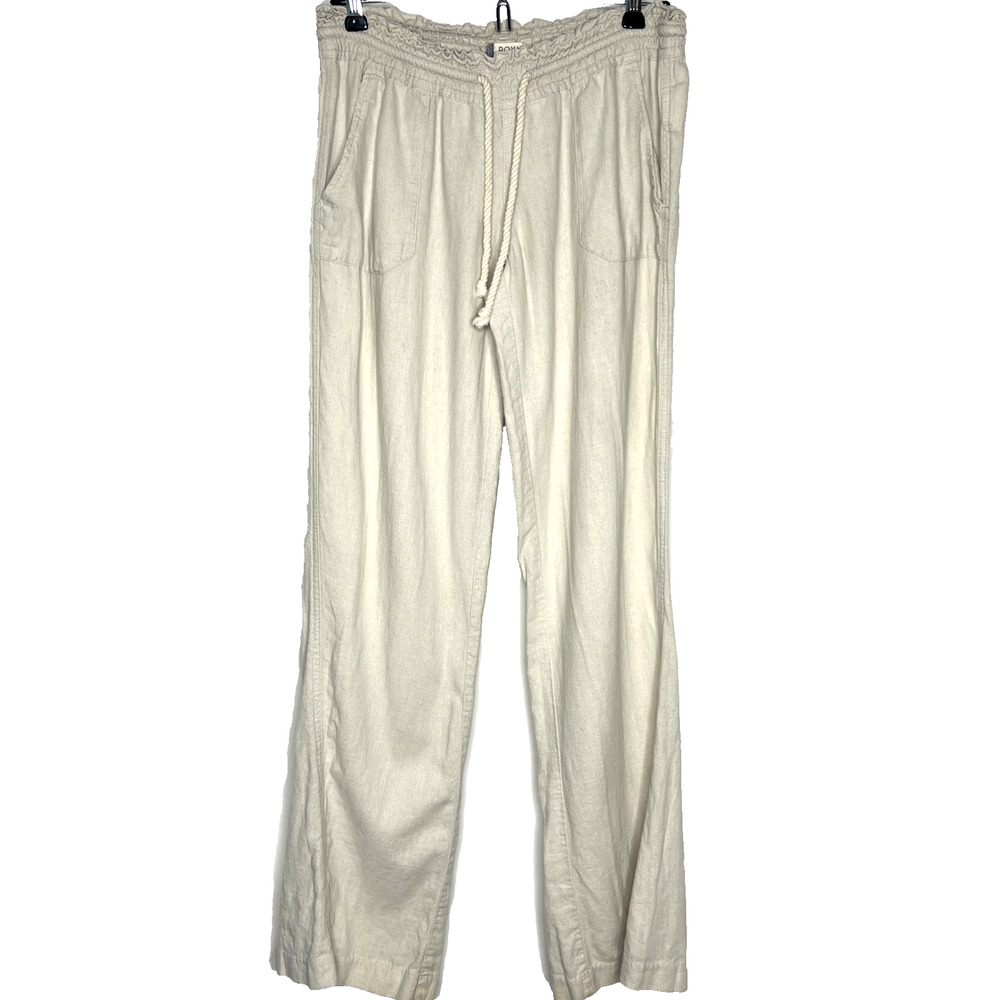 Roxy Beige Flax Linen Blend Drawstring Straight Leg Pants Womens Medium
